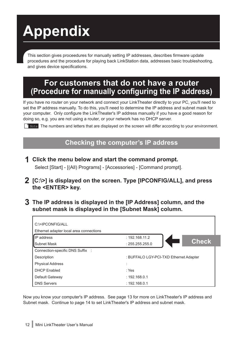 Appendix, Checking the computer’s ip address, Check | Click the menu below and start the command prompt | Buffalo Technology PC-P1LAN User Manual | Page 12 / 23