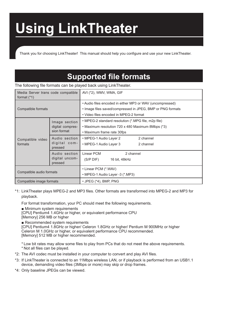 Using linktheater, Supported file formats | Buffalo Technology PC-P1LAN User Manual | Page 3 / 23