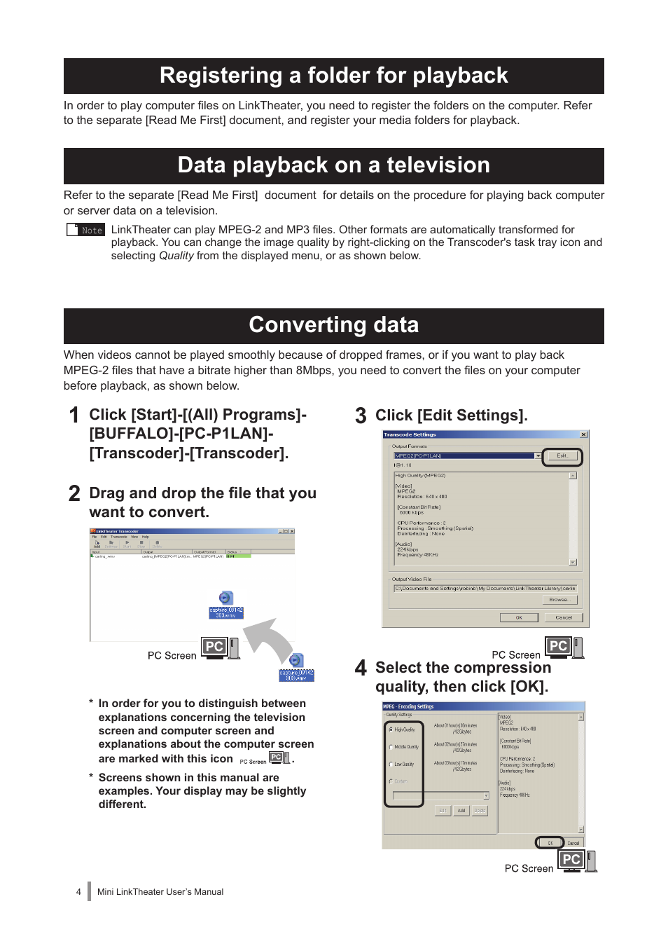 Registering a folder for playback, Data playback on a television, Converting data | Buffalo Technology PC-P1LAN User Manual | Page 4 / 23
