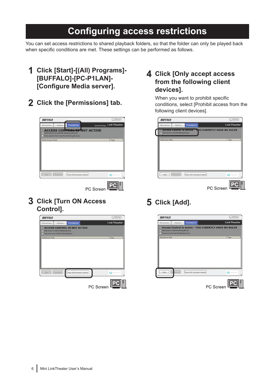 Configuring access restrictions | Buffalo Technology PC-P1LAN User Manual | Page 6 / 23