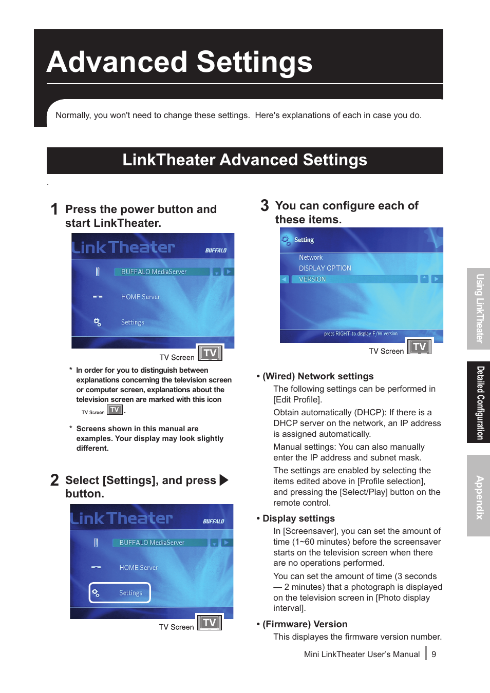 Advanced settings, Linktheater advanced settings | Buffalo Technology PC-P1LAN User Manual | Page 9 / 23