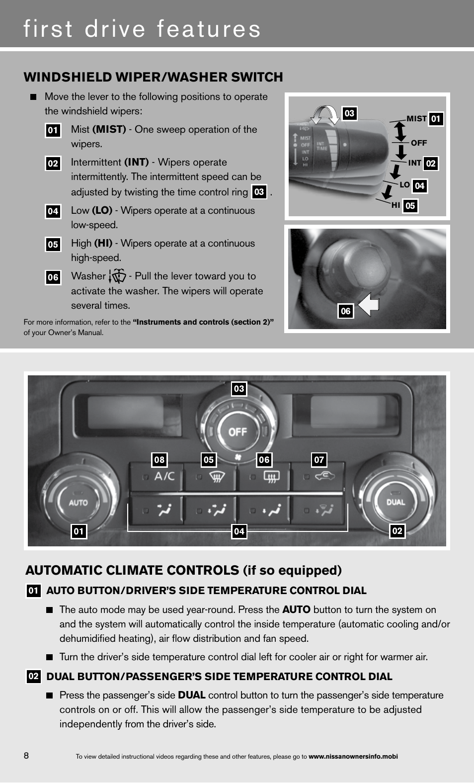 First drive features, Automatic climate controls (if so equipped), Windshield wiper/washer switch | NISSAN 2013 Titan - Quick Reference Guide User Manual | Page 10 / 26