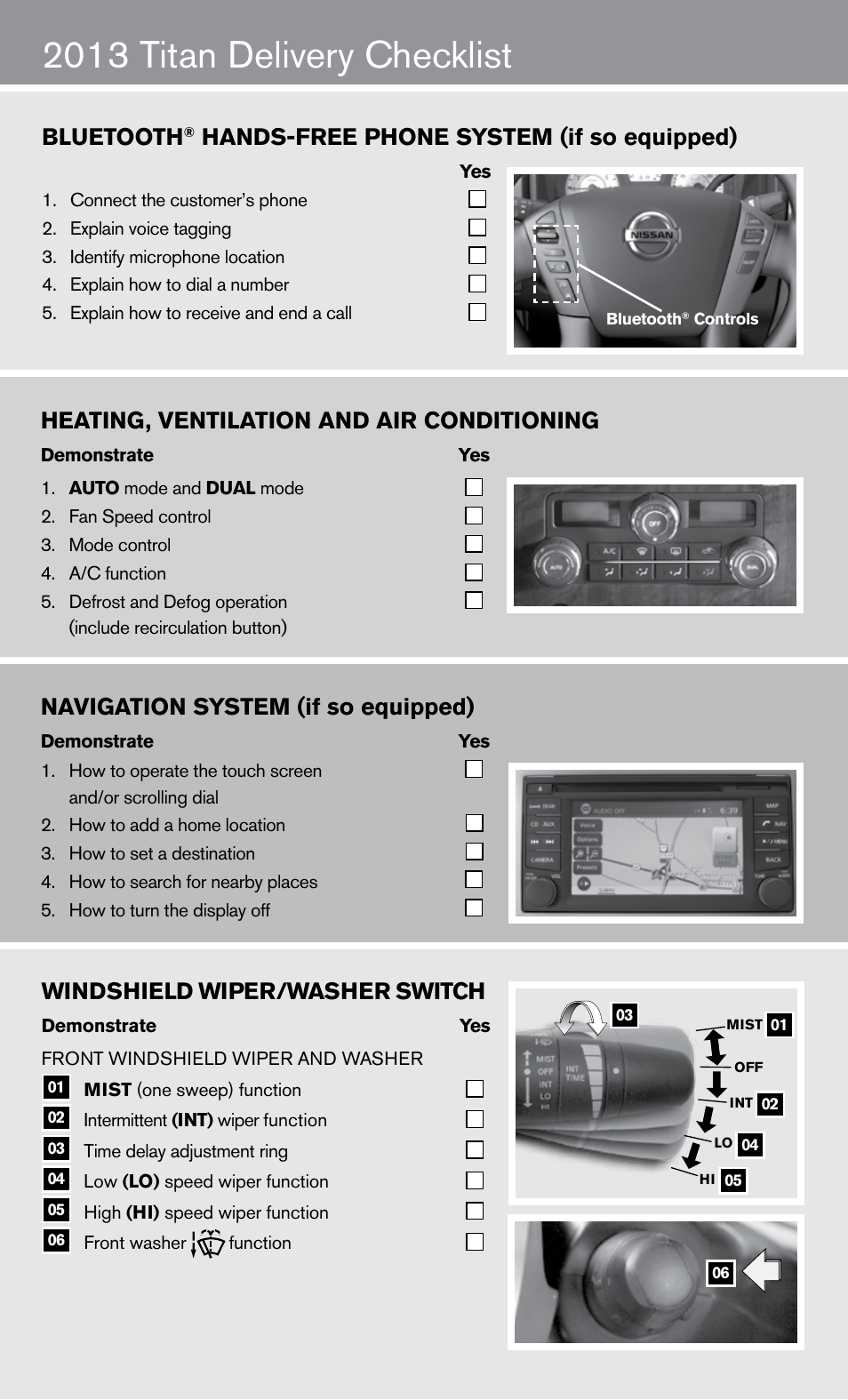 2013 titan delivery checklist, Windshield wiper/washer switch, Bluetooth | Hands-free phone system (if so equipped), Heating, ventilation and air conditioning, Navigation system (if so equipped) | NISSAN 2013 Titan - Quick Reference Guide User Manual | Page 12 / 26