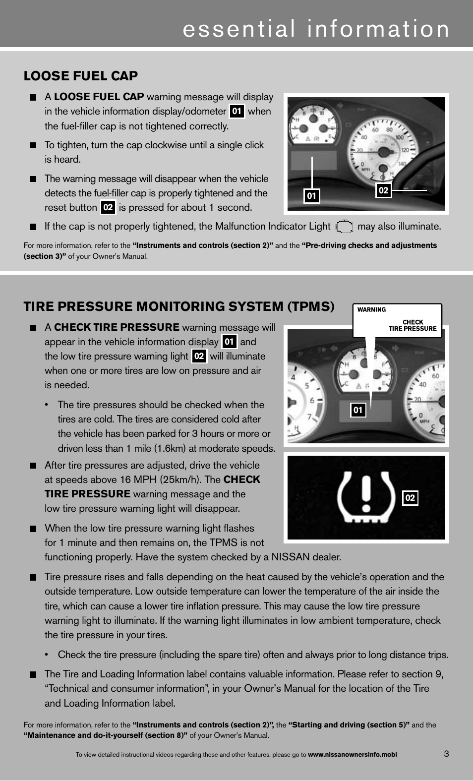 Essential information, Tire pressure monitoring system (tpms), Loose fuel cap | NISSAN 2013 Titan - Quick Reference Guide User Manual | Page 5 / 26