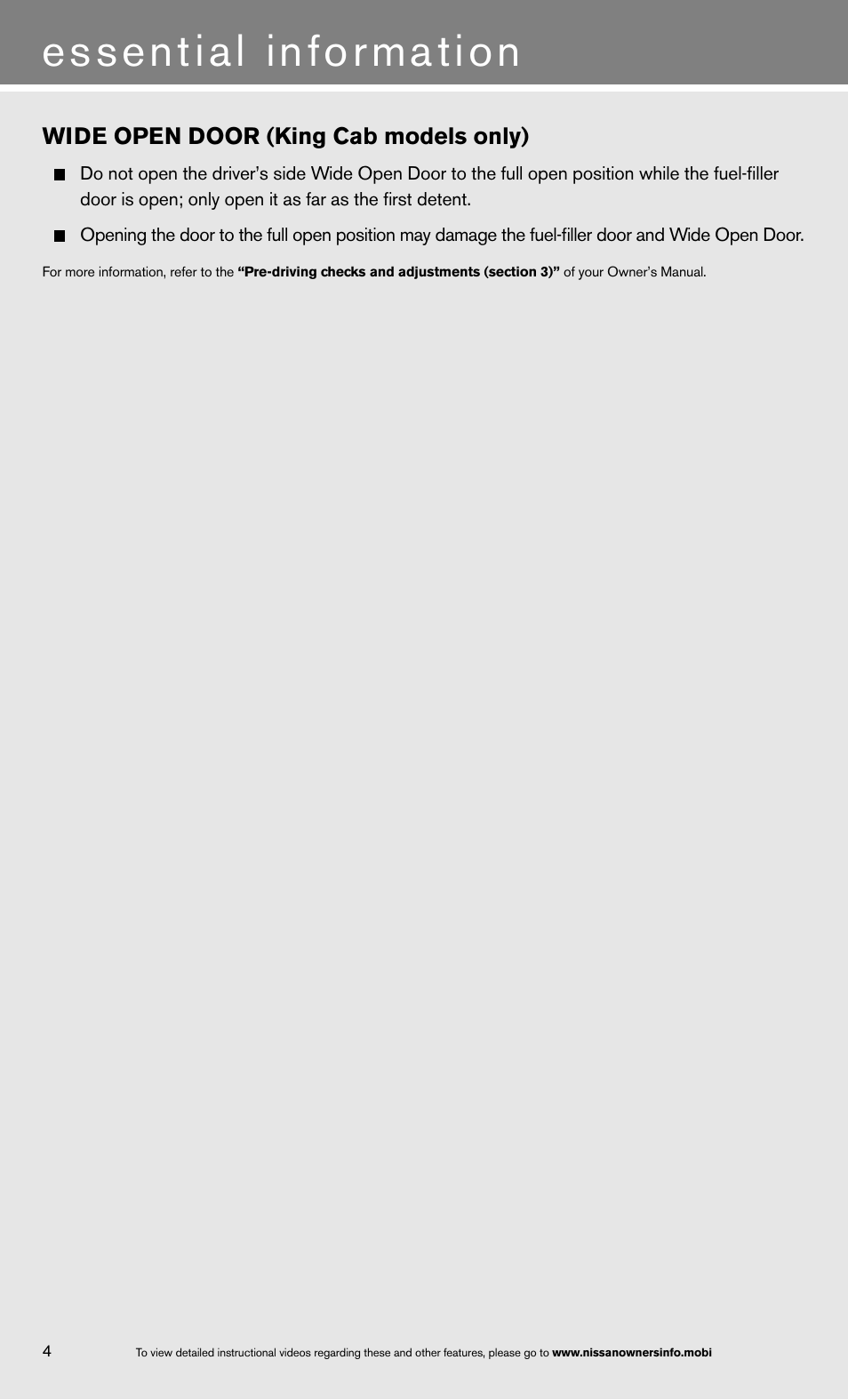 Essential information | NISSAN 2013 Titan - Quick Reference Guide User Manual | Page 6 / 26