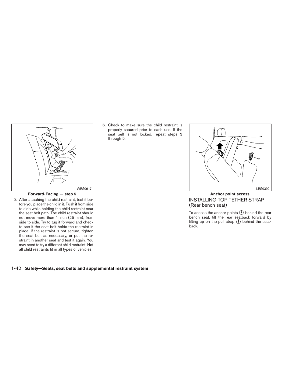 Installing top tether strap (rear bench seat) -42 | NISSAN 2014 Titan - Owner's Manual User Manual | Page 59 / 455