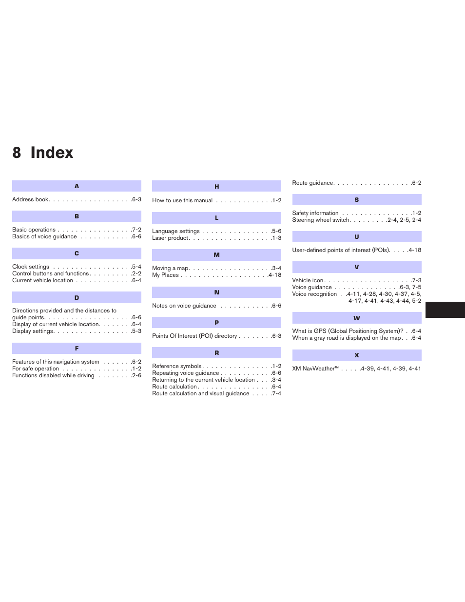 Index, 8 index | NISSAN 2014 Versa Sedan - Navigation System Owner's Manual User Manual | Page 103 / 104