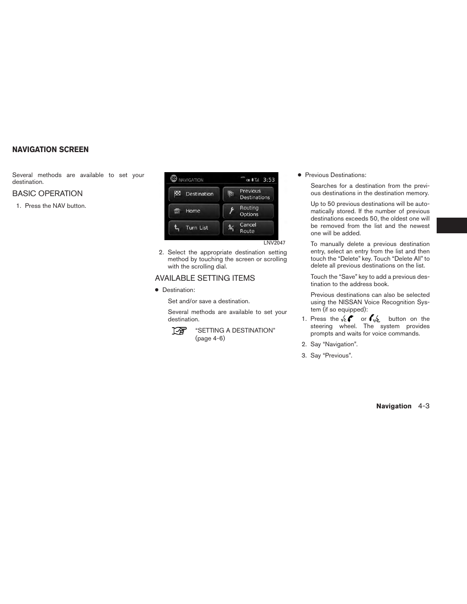 Navigation screen -3, Basic operation -3 available setting items -3 | NISSAN 2014 Versa Sedan - Navigation System Owner's Manual User Manual | Page 37 / 104