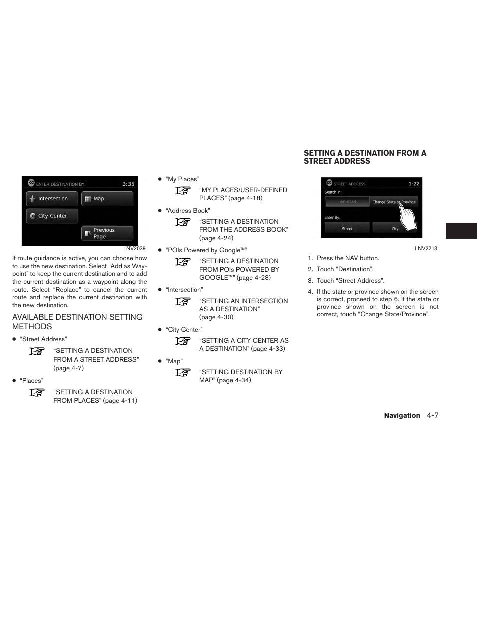 Available destination setting methods -7, Setting a destination from a street address -7 | NISSAN 2014 Versa Sedan - Navigation System Owner's Manual User Manual | Page 41 / 104