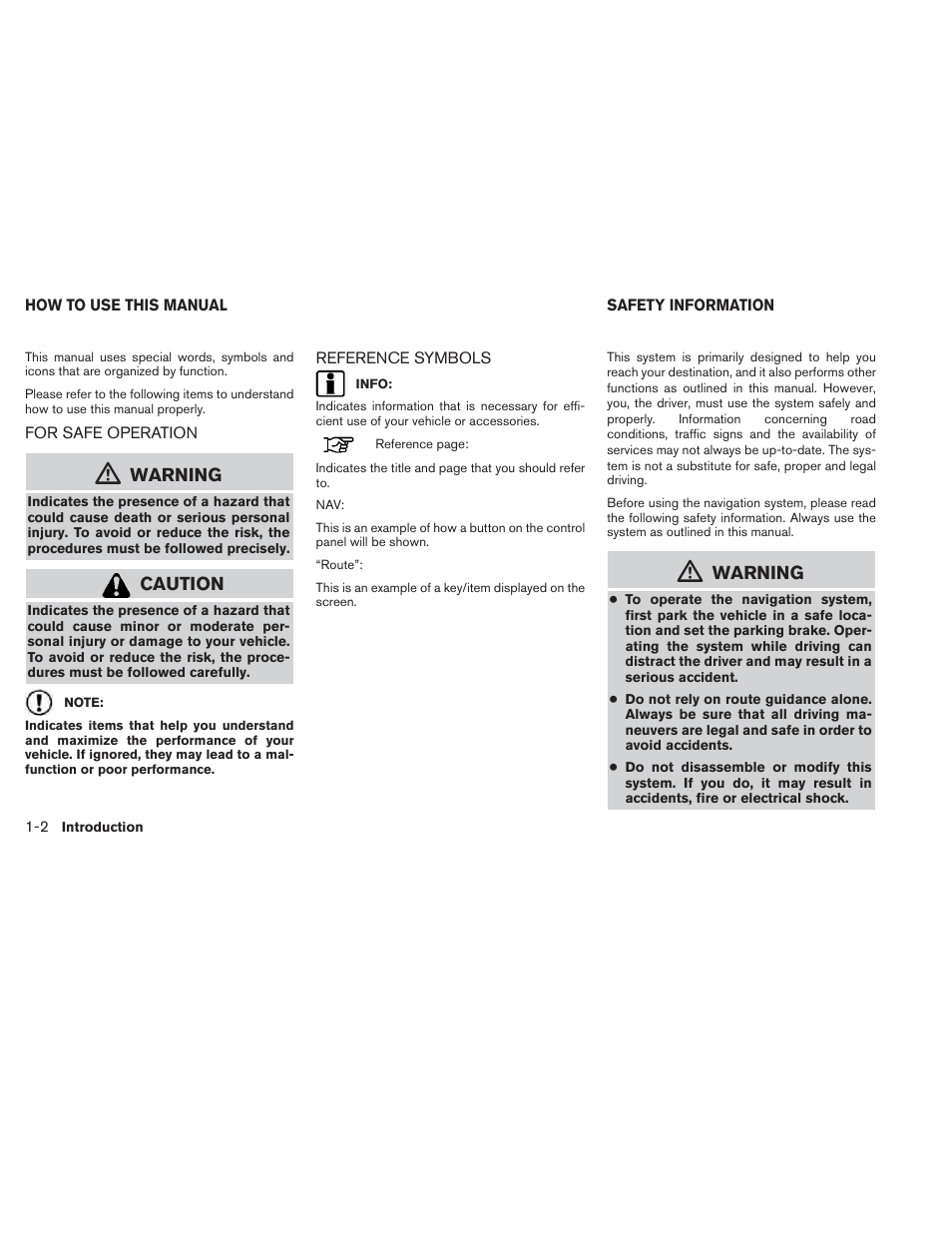 How to use this manual -2, For safe operation -2 reference symbols -2, Safety information -2 | Warning, Caution | NISSAN 2014 Versa Sedan - Navigation System Owner's Manual User Manual | Page 6 / 104