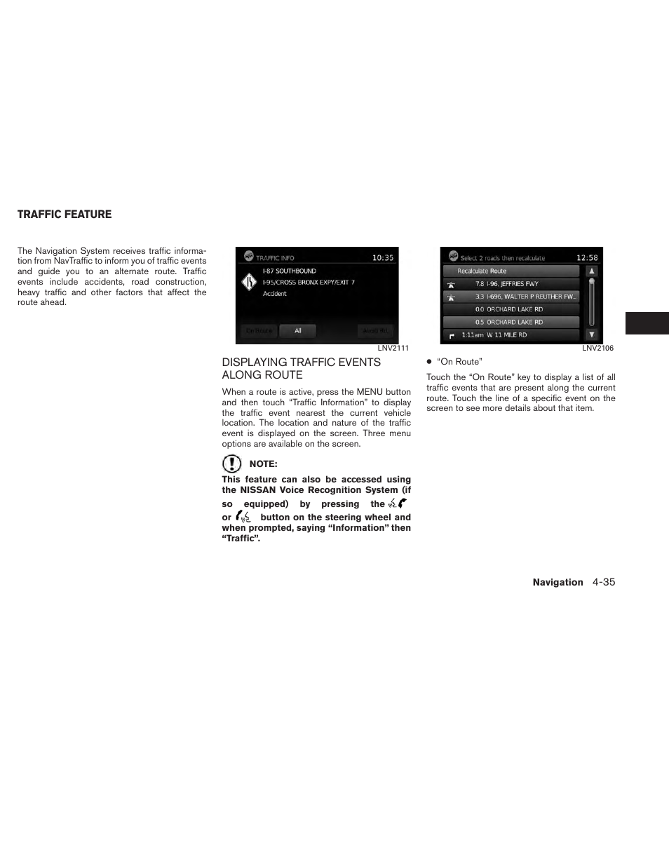 Traffic feature -35, Displaying traffic events along route -35 | NISSAN 2014 Versa Sedan - Navigation System Owner's Manual User Manual | Page 69 / 104