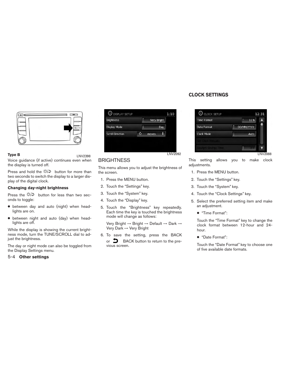 Brightness -4, Clock settings -4 | NISSAN 2014 Versa Sedan - Navigation System Owner's Manual User Manual | Page 84 / 104