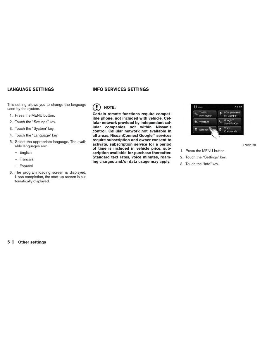 Language settings -6 info services settings -6 | NISSAN 2014 Versa Sedan - Navigation System Owner's Manual User Manual | Page 86 / 104