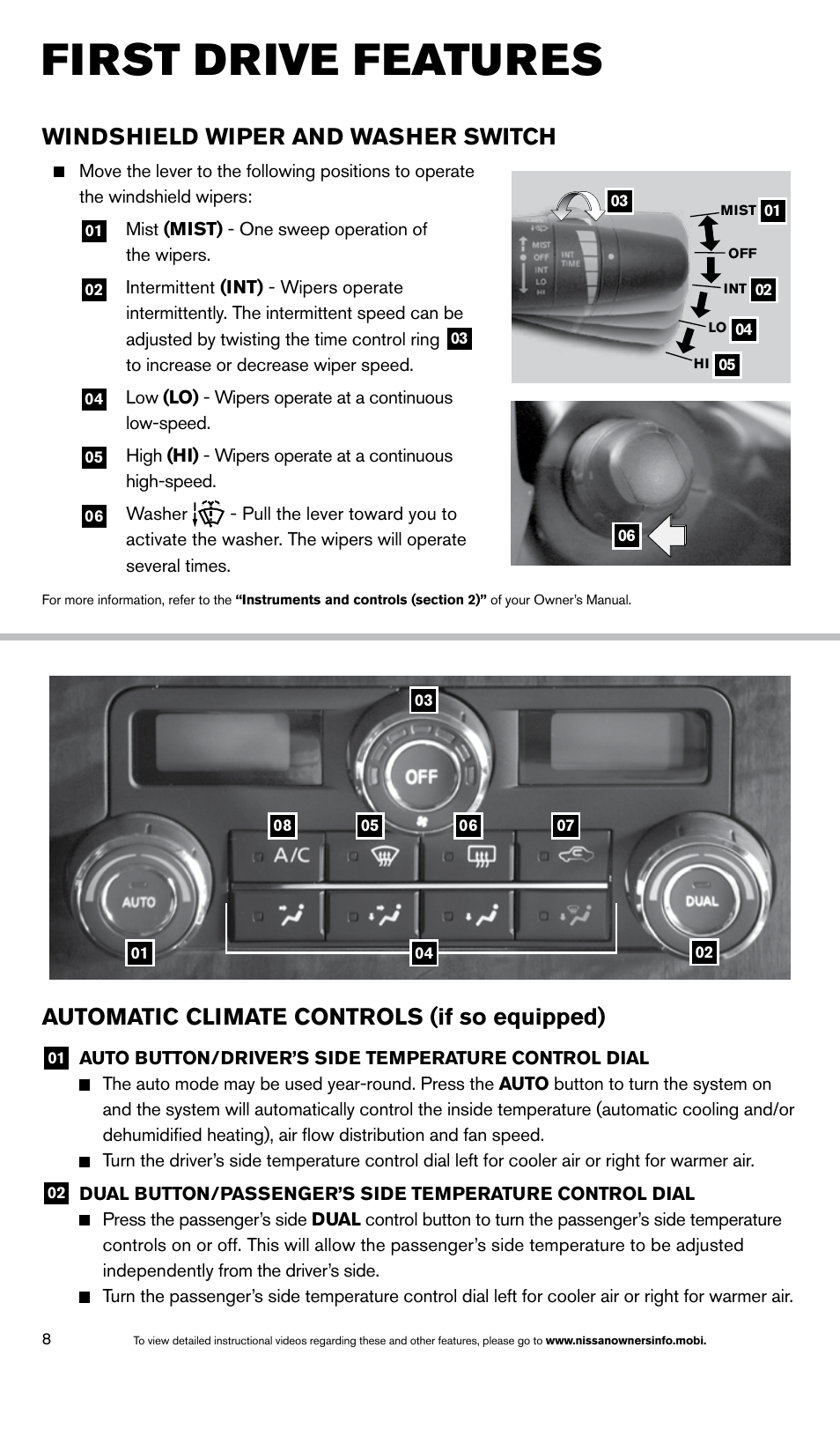 First drive features, Automatic climate controls (if so equipped), Windshield wiper and washer switch | NISSAN 2014 Titan - Quick Reference Guide User Manual | Page 10 / 24