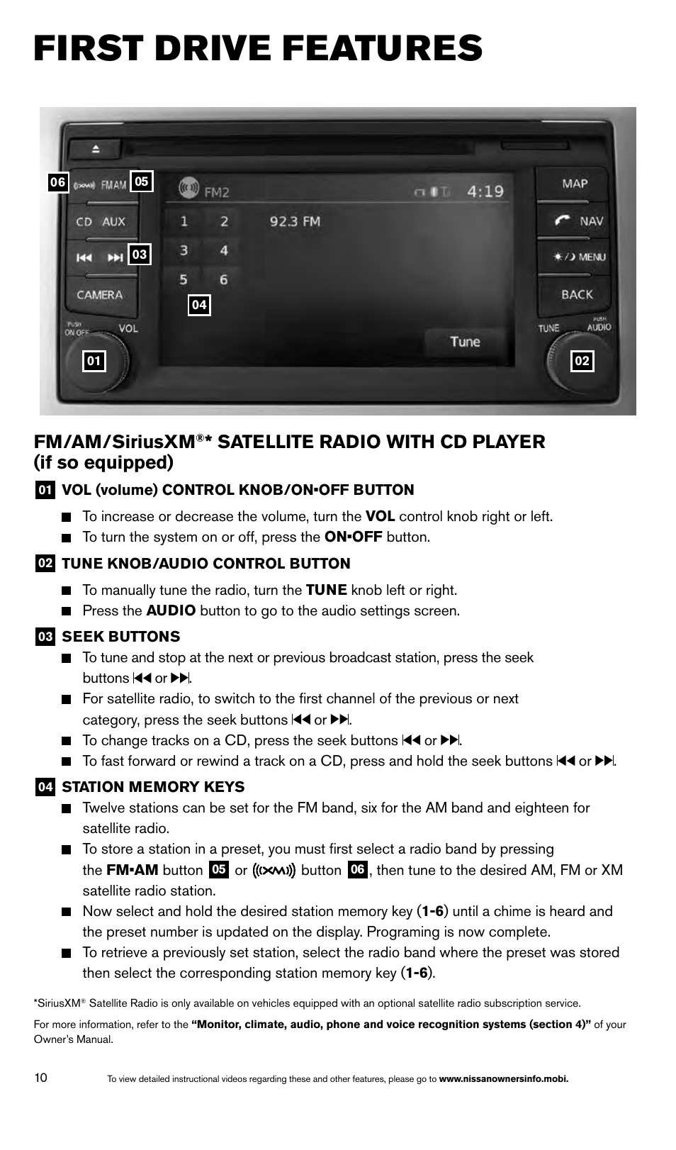 First drive features, Fm/am/siriusxm, Satellite radio with cd player (if so equipped) | NISSAN 2014 Titan - Quick Reference Guide User Manual | Page 12 / 24