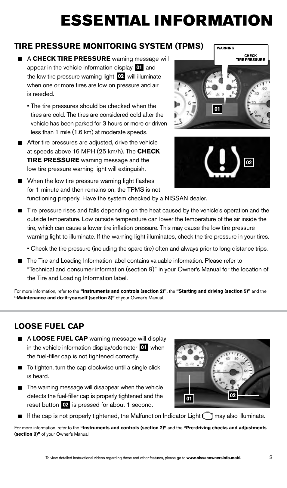 Essential information, Tire pressure monitoring system (tpms), Loose fuel cap | NISSAN 2014 Titan - Quick Reference Guide User Manual | Page 5 / 24