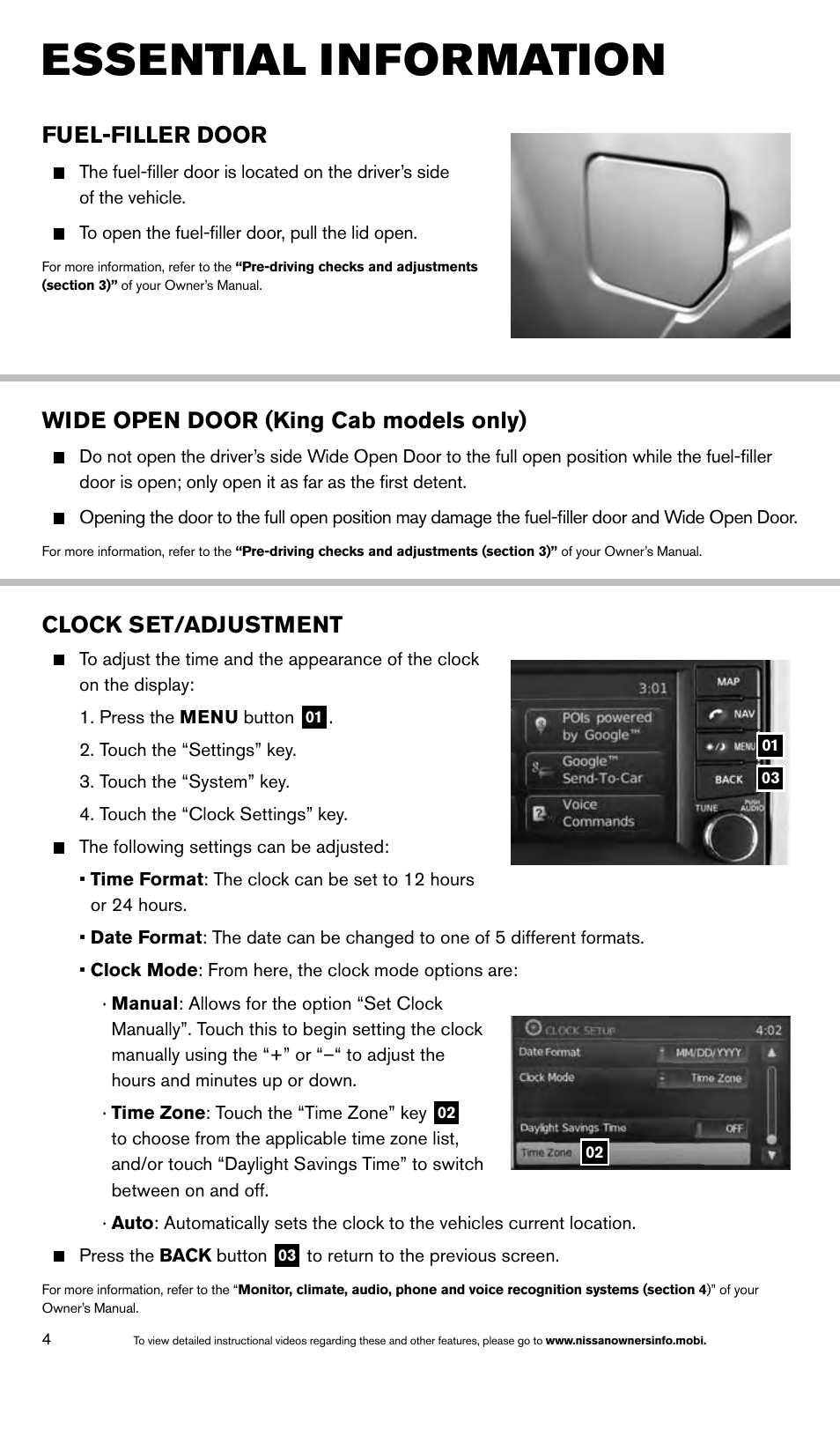 Essential information, Wide open door (king cab models only), Fuel-filler door | Clock set/adjustment | NISSAN 2014 Titan - Quick Reference Guide User Manual | Page 6 / 24