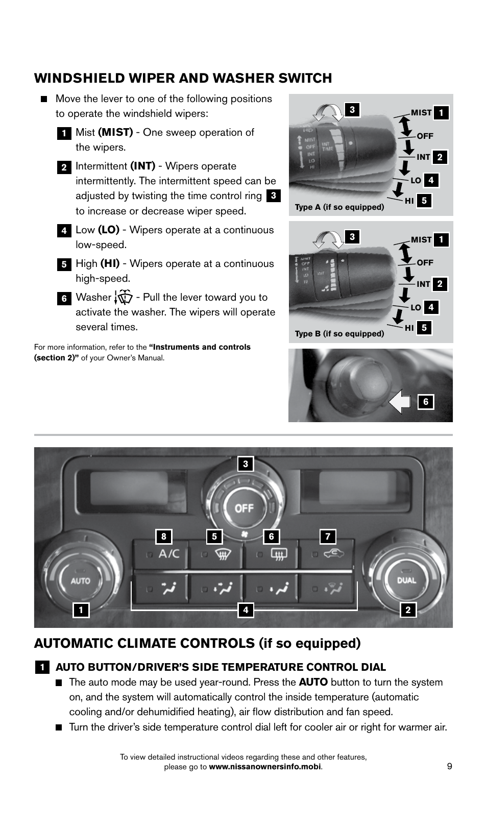 Windshield wiper and washer switch, Automatic climate controls (if so equipped) | NISSAN 2015 Titan - Quick Reference Guide User Manual | Page 11 / 24