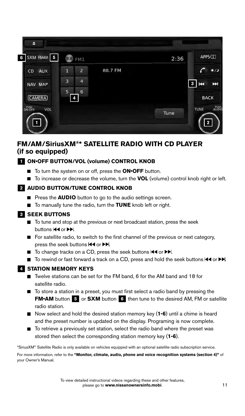 Fm/am/siriusxm, Satellite radio with cd player (if so equipped) | NISSAN 2015 Titan - Quick Reference Guide User Manual | Page 13 / 24