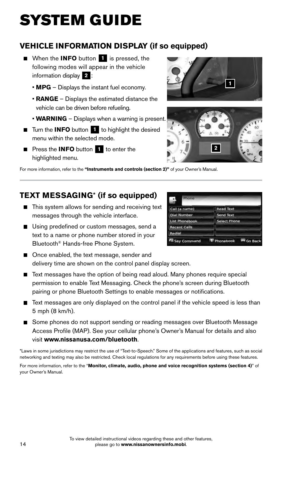 System guide, Text messaging * (if so equipped), Vehicle information display (if so equipped) | NISSAN 2015 Titan - Quick Reference Guide User Manual | Page 16 / 24