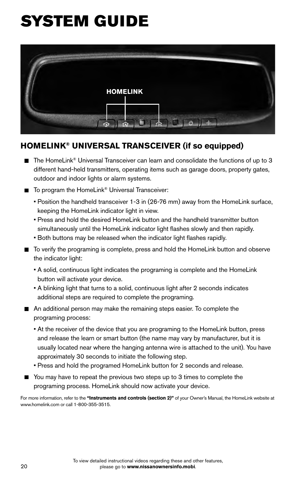 System guide, Homelink, Universal transceiver (if so equipped) | NISSAN 2015 Titan - Quick Reference Guide User Manual | Page 22 / 24