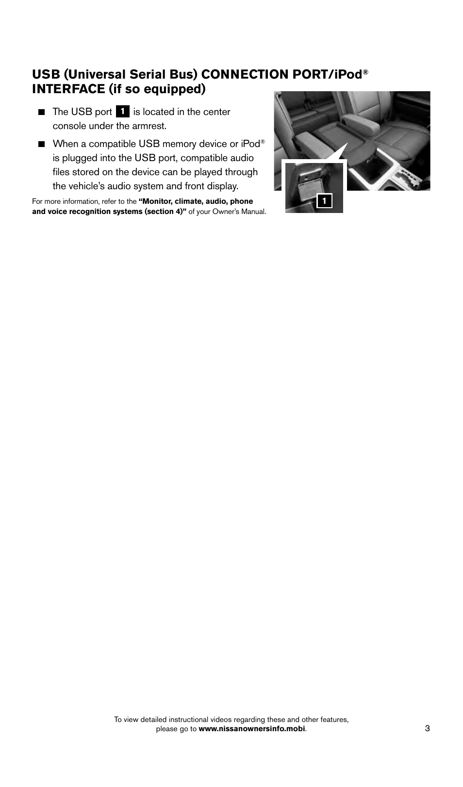 Usb (universal serial bus) connection port/ipod, Interface (if so equipped) | NISSAN 2015 Titan - Quick Reference Guide User Manual | Page 5 / 24