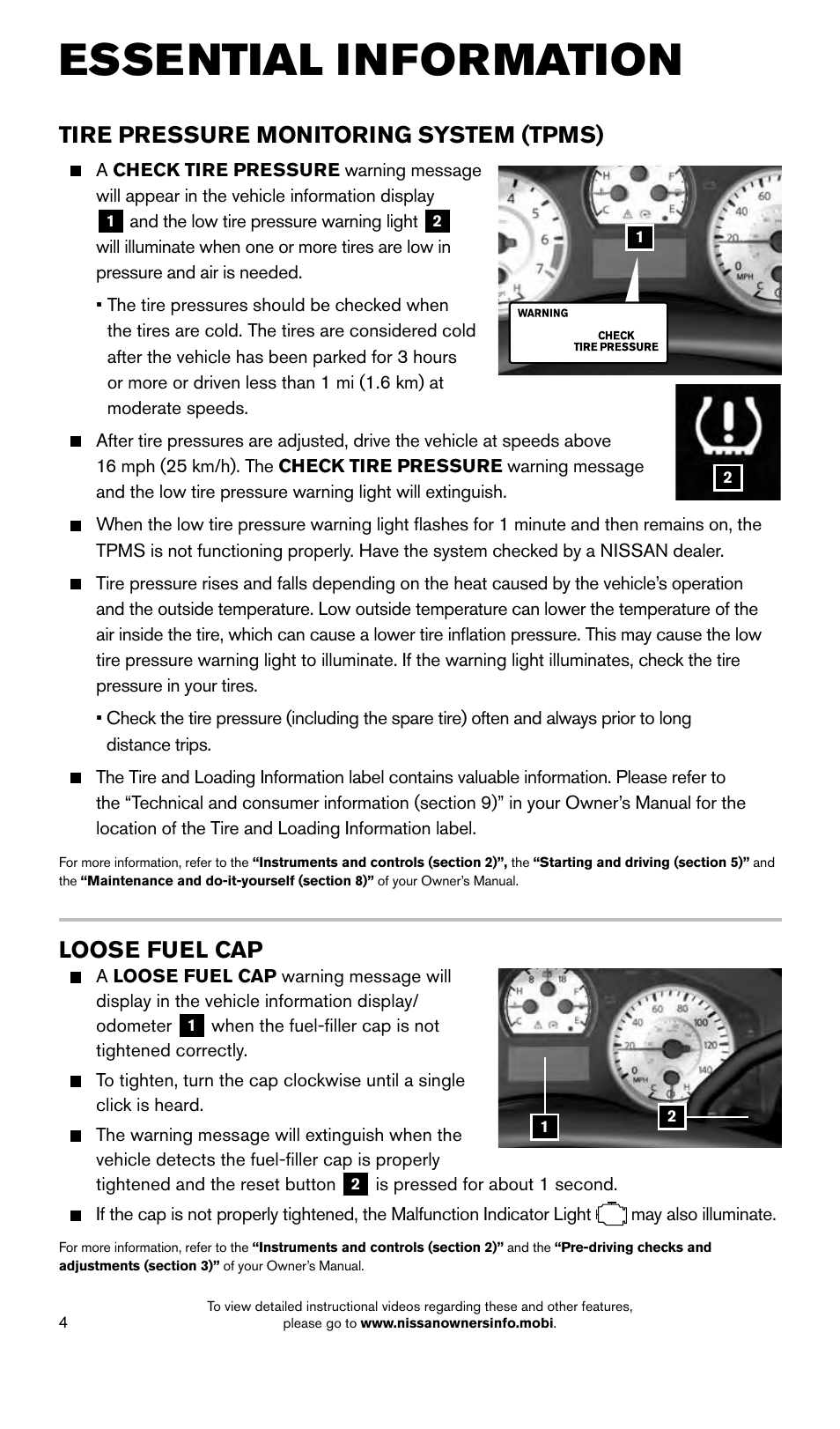 Essential information, Tire pressure monitoring system (tpms), Loose fuel cap | NISSAN 2015 Titan - Quick Reference Guide User Manual | Page 6 / 24