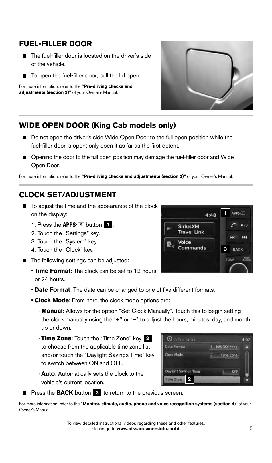 Wide open door (king cab models only), Fuel-filler door, Clock set/adjustment | NISSAN 2015 Titan - Quick Reference Guide User Manual | Page 7 / 24
