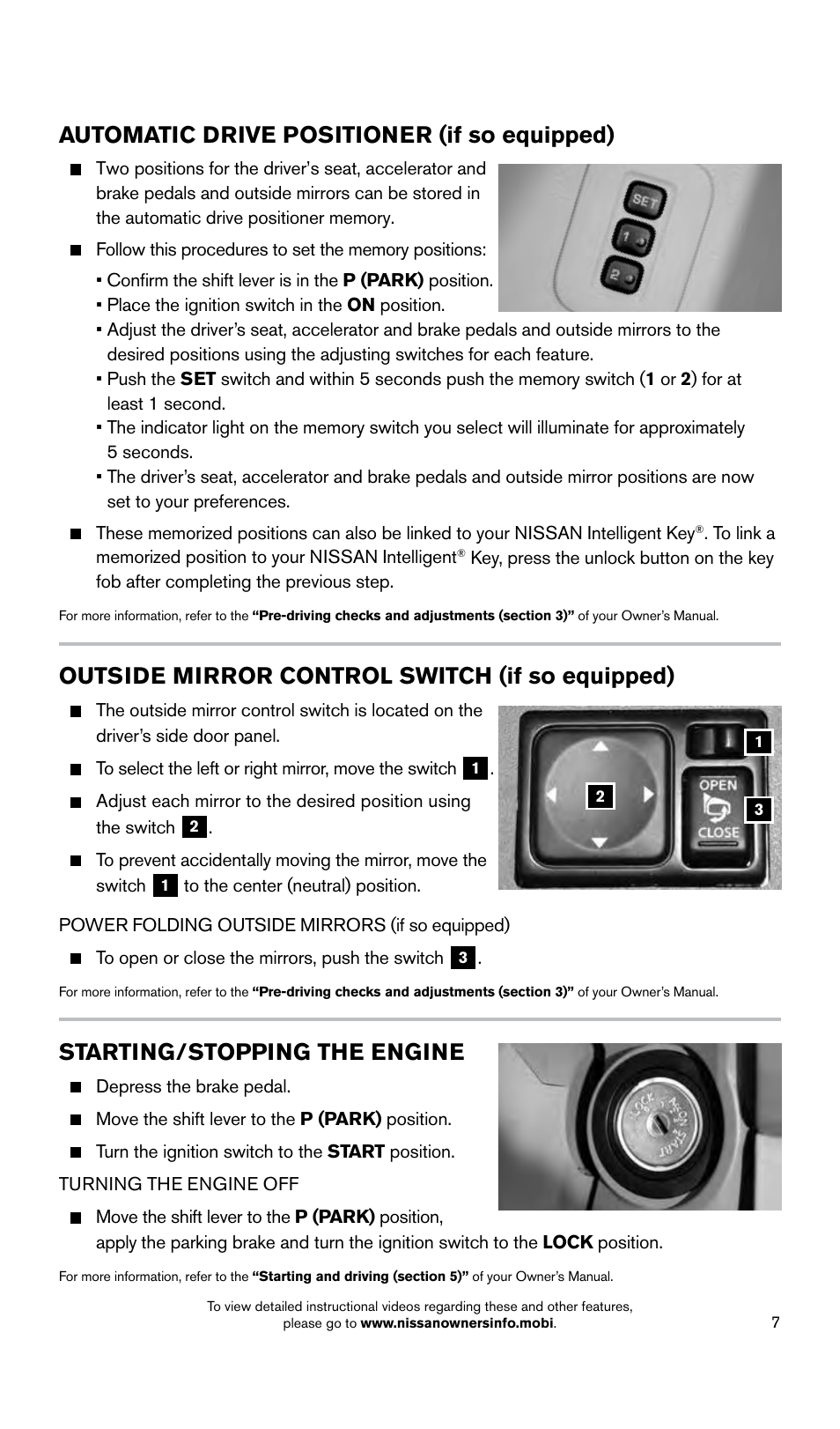 Starting/stopping the engine, Outside mirror control switch (if so equipped), Automatic drive positioner (if so equipped) | NISSAN 2015 Titan - Quick Reference Guide User Manual | Page 9 / 24