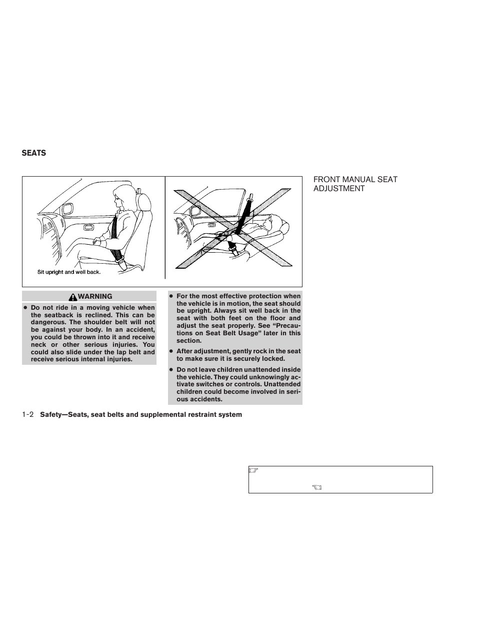 Seats -2, Front manual seat adjustment -2 | NISSAN 2008 Versa Hatchback - Owner's Manual User Manual | Page 18 / 304