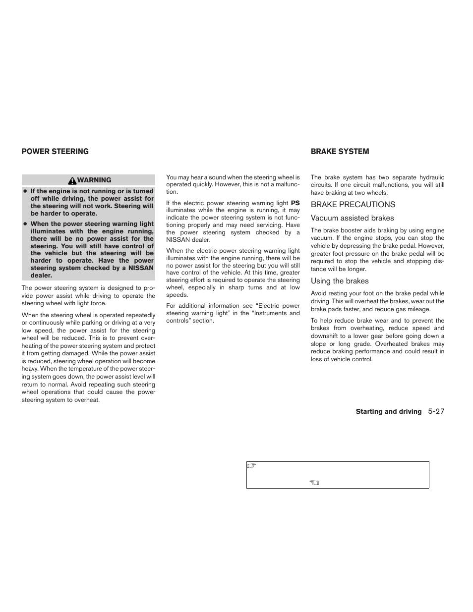 Power steering -27 brake system -27, Brake precautions -27 | NISSAN 2008 Versa Hatchback - Owner's Manual User Manual | Page 201 / 304