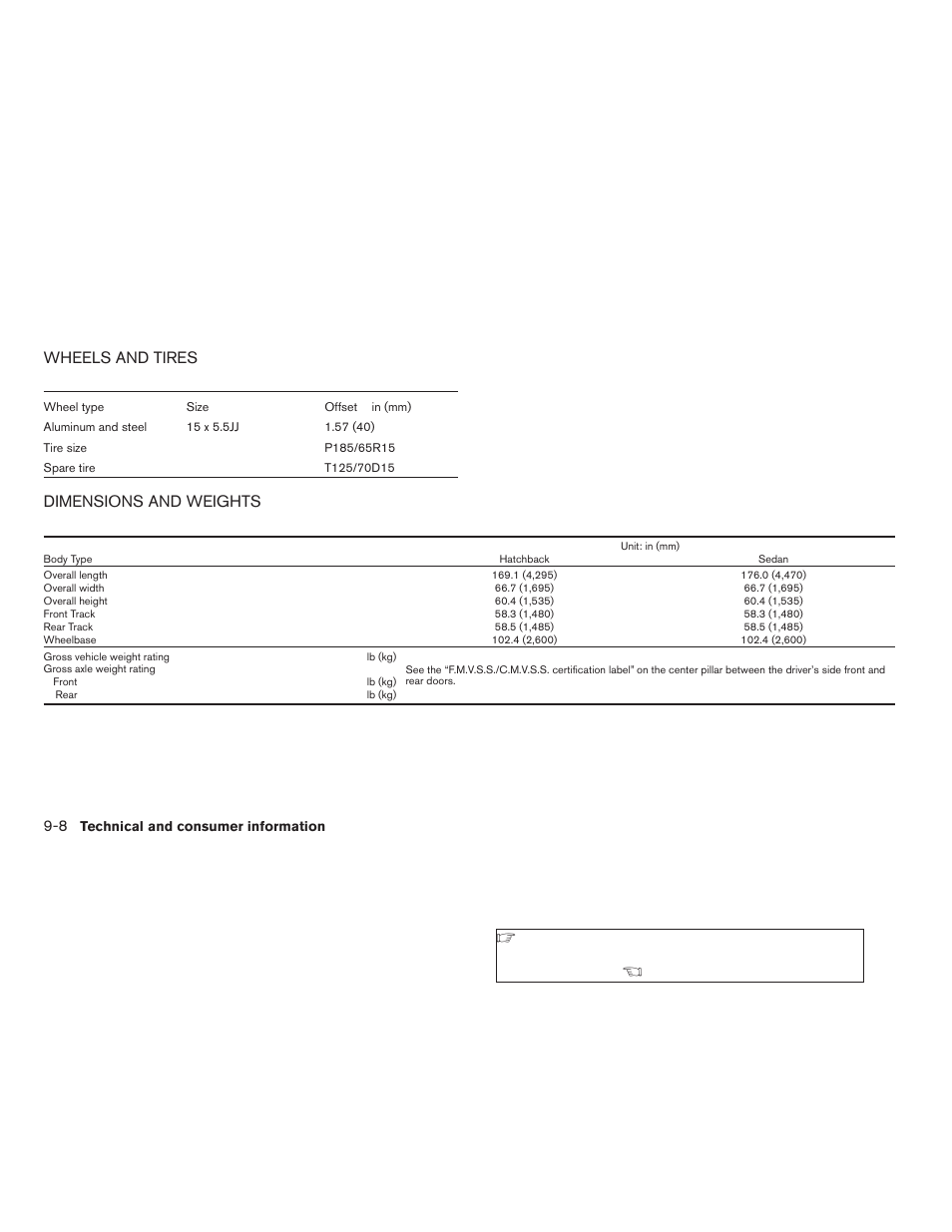 Wheels and tires -8 dimensions and weights -8, Wheels and tires, Dimensions and weights | NISSAN 2008 Versa Hatchback - Owner's Manual User Manual | Page 276 / 304