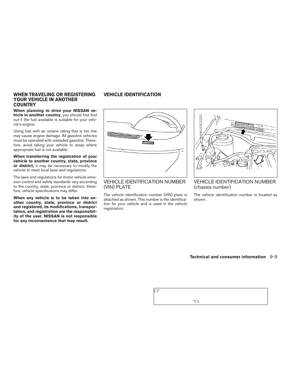 When traveling or registering your vehicle in, Another country -9 vehicle identification -9, Chassis number) -9 | NISSAN 2008 Versa Hatchback - Owner's Manual User Manual | Page 277 / 304