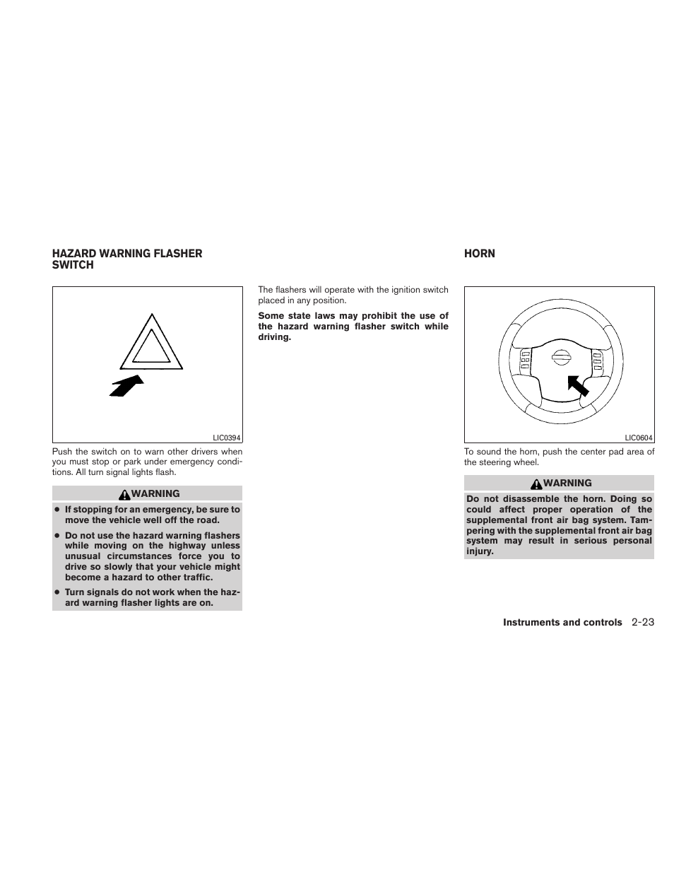 Hazard warning flasher switch -23 horn -23 | NISSAN 2010 Versa Hatchback - Owner's Manual User Manual | Page 100 / 338