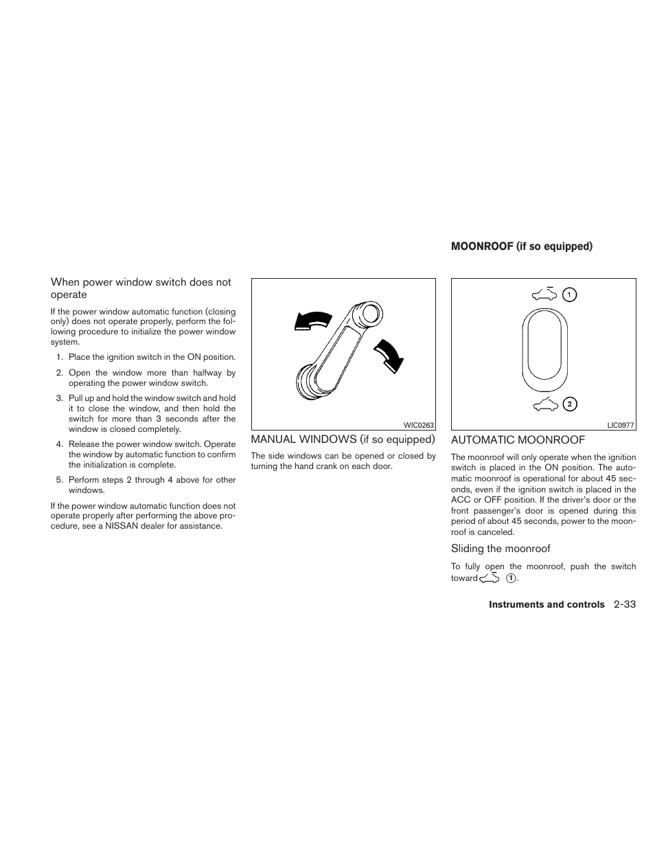 Manual windows (if so equipped) -33, Moonroof (if so equipped) -33, Automatic moonroof -33 | NISSAN 2010 Versa Hatchback - Owner's Manual User Manual | Page 110 / 338