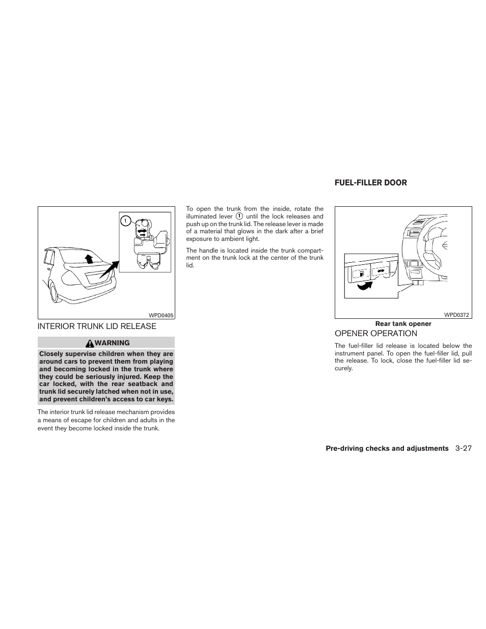 Interior trunk lid release -27, Fuel-filler door -27, Opener operation -27 | NISSAN 2010 Versa Hatchback - Owner's Manual User Manual | Page 142 / 338
