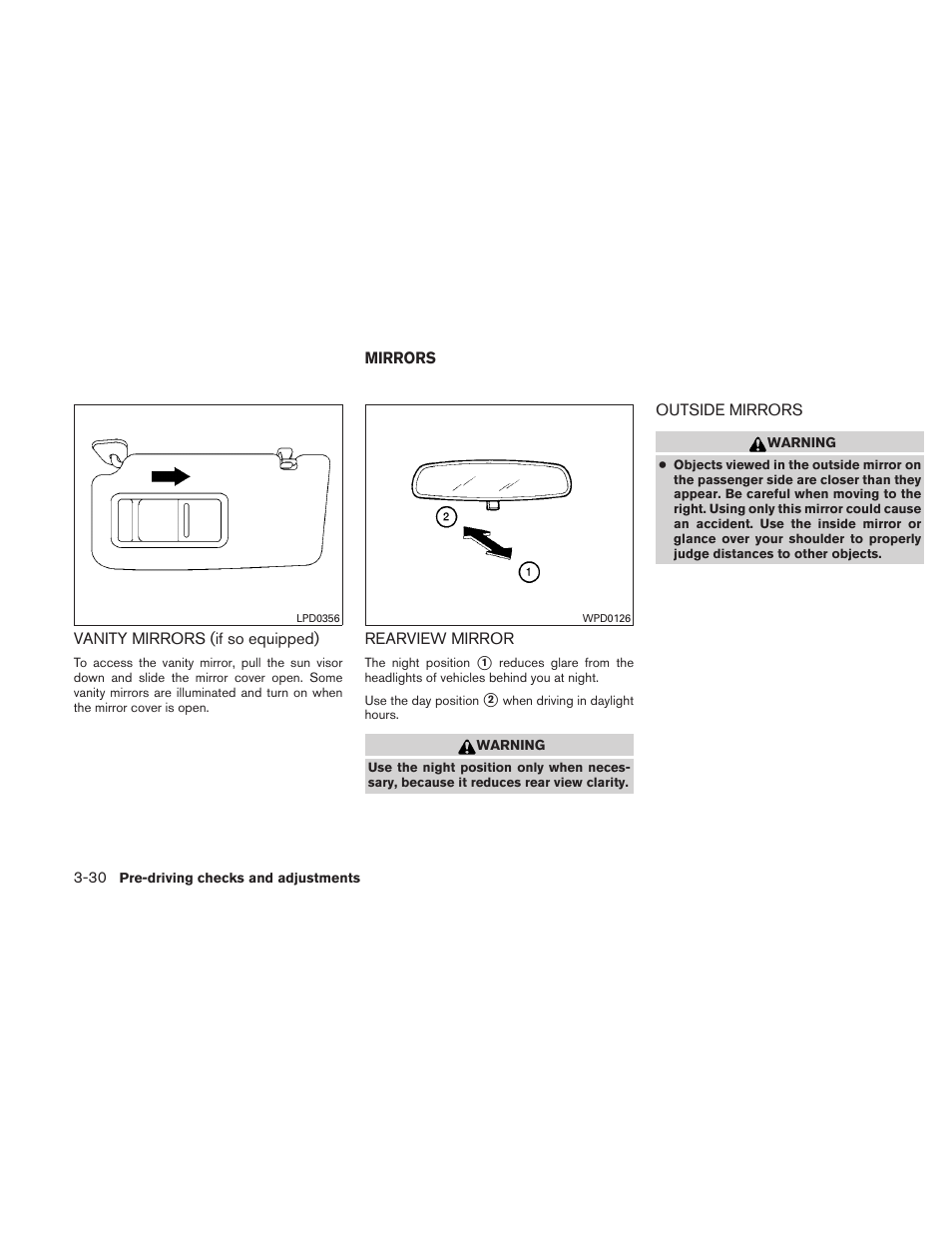 Vanity mirrors (if so equipped) -30, Mirrors -30, Rearview mirror -30 outside mirrors -30 | NISSAN 2010 Versa Hatchback - Owner's Manual User Manual | Page 145 / 338