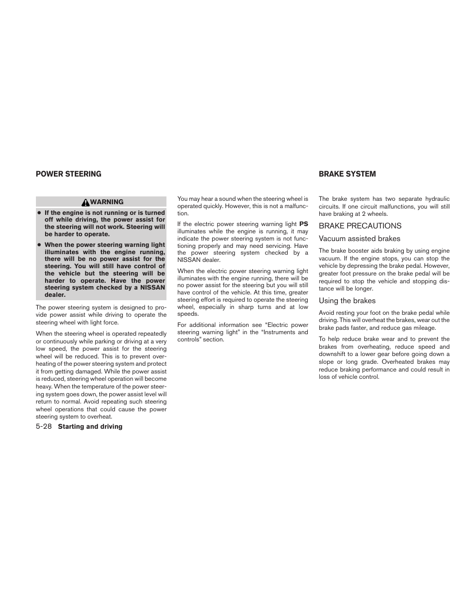 Power steering -28 brake system -28, Brake precautions -28 | NISSAN 2010 Versa Hatchback - Owner's Manual User Manual | Page 237 / 338