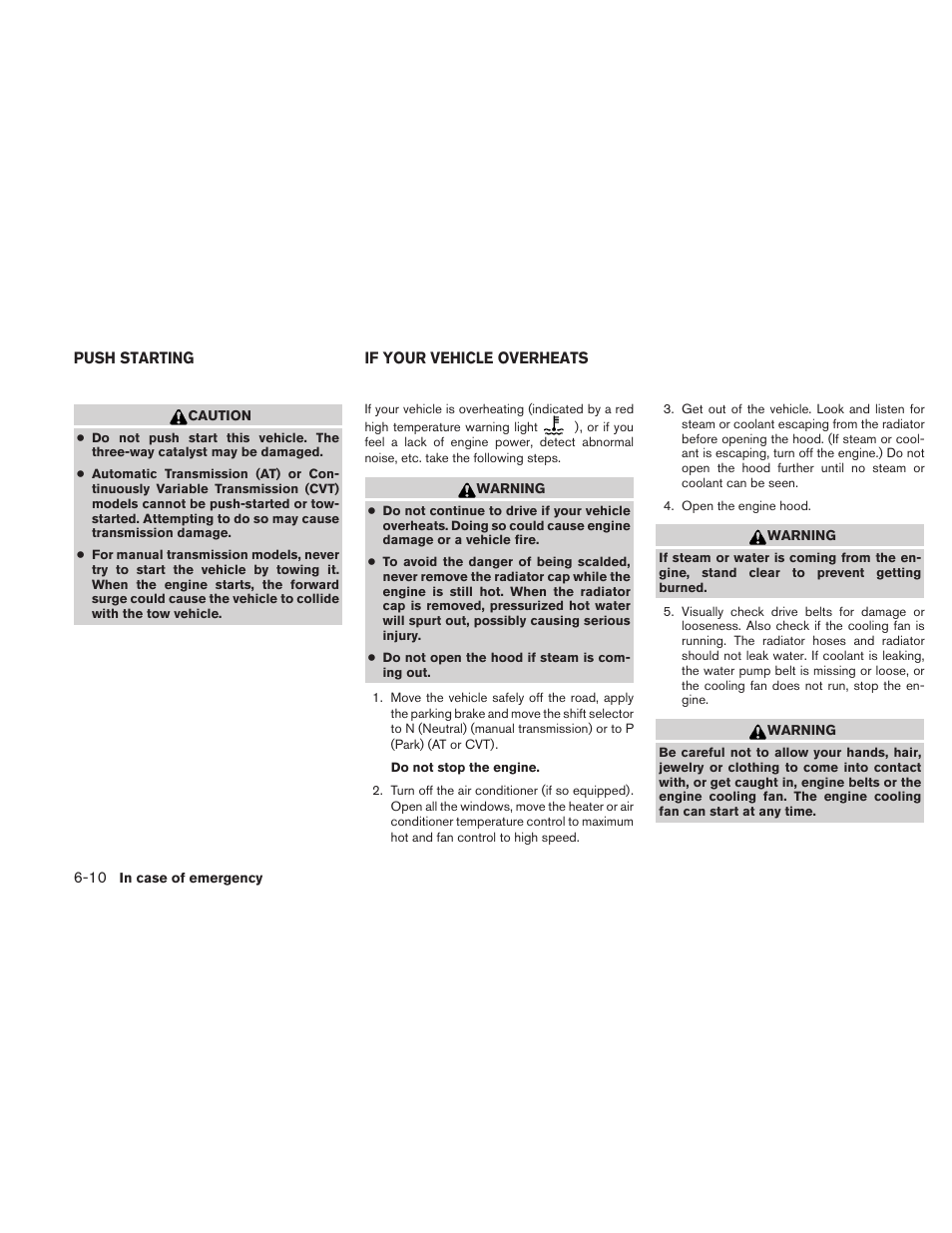 Push starting -10 if your vehicle overheats -10 | NISSAN 2010 Versa Hatchback - Owner's Manual User Manual | Page 253 / 338