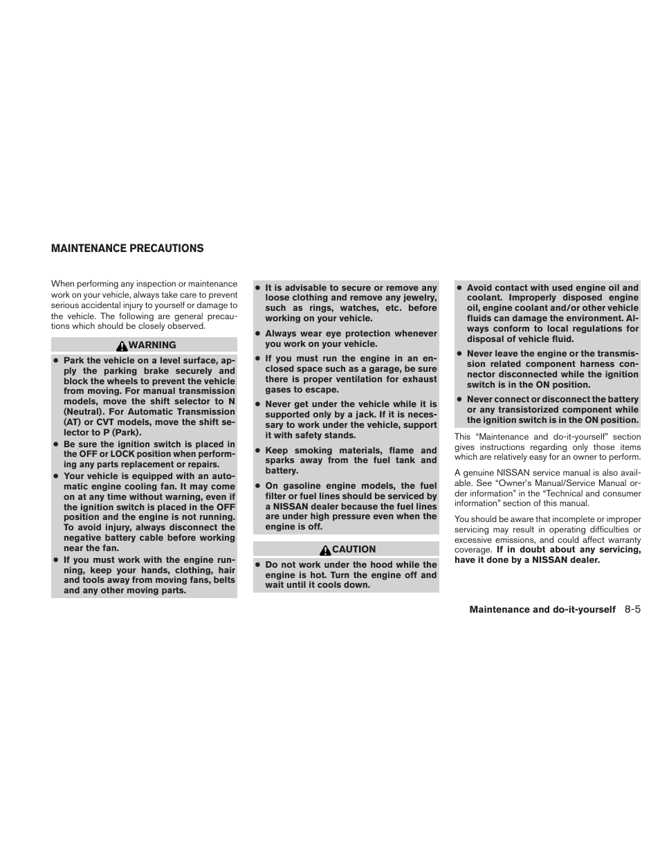 Maintenance precautions -5 | NISSAN 2010 Versa Hatchback - Owner's Manual User Manual | Page 268 / 338