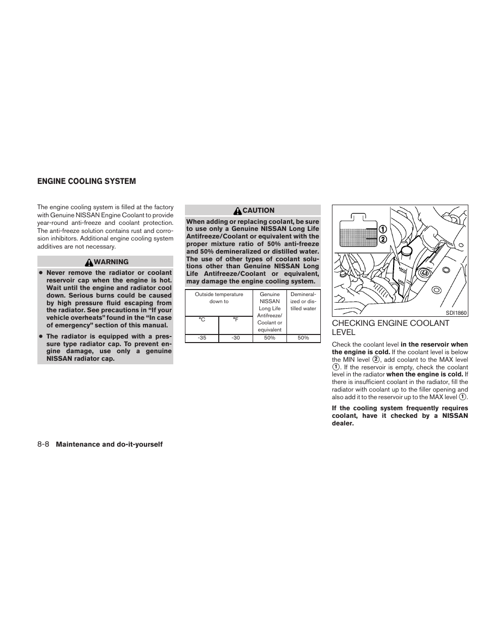 Engine cooling system -8, Checking engine coolant level -8, Checking engine coolant level | Engine cooling system | NISSAN 2010 Versa Hatchback - Owner's Manual User Manual | Page 271 / 338