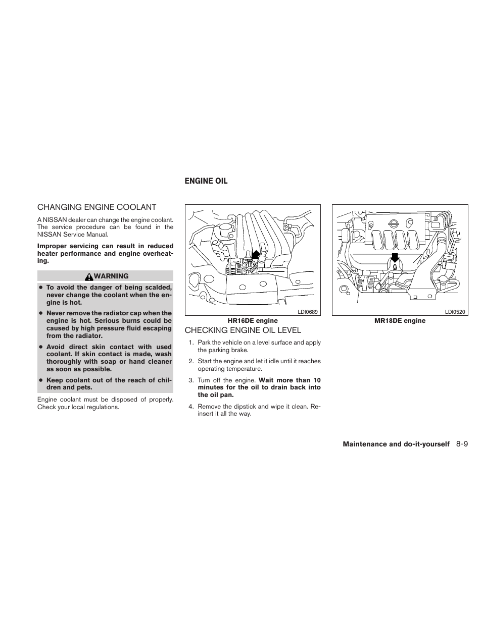 Changing engine coolant -9, Engine oil -9, Checking engine oil level -9 | NISSAN 2010 Versa Hatchback - Owner's Manual User Manual | Page 272 / 338