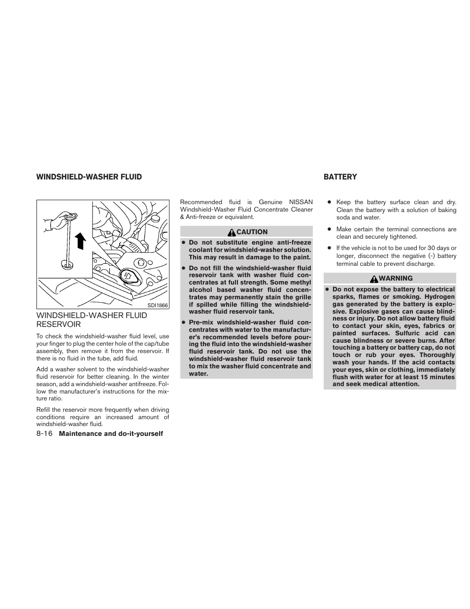 Windshield-washer fluid -16, Windshield-washer fluid reservoir -16, Battery -16 | NISSAN 2010 Versa Hatchback - Owner's Manual User Manual | Page 279 / 338