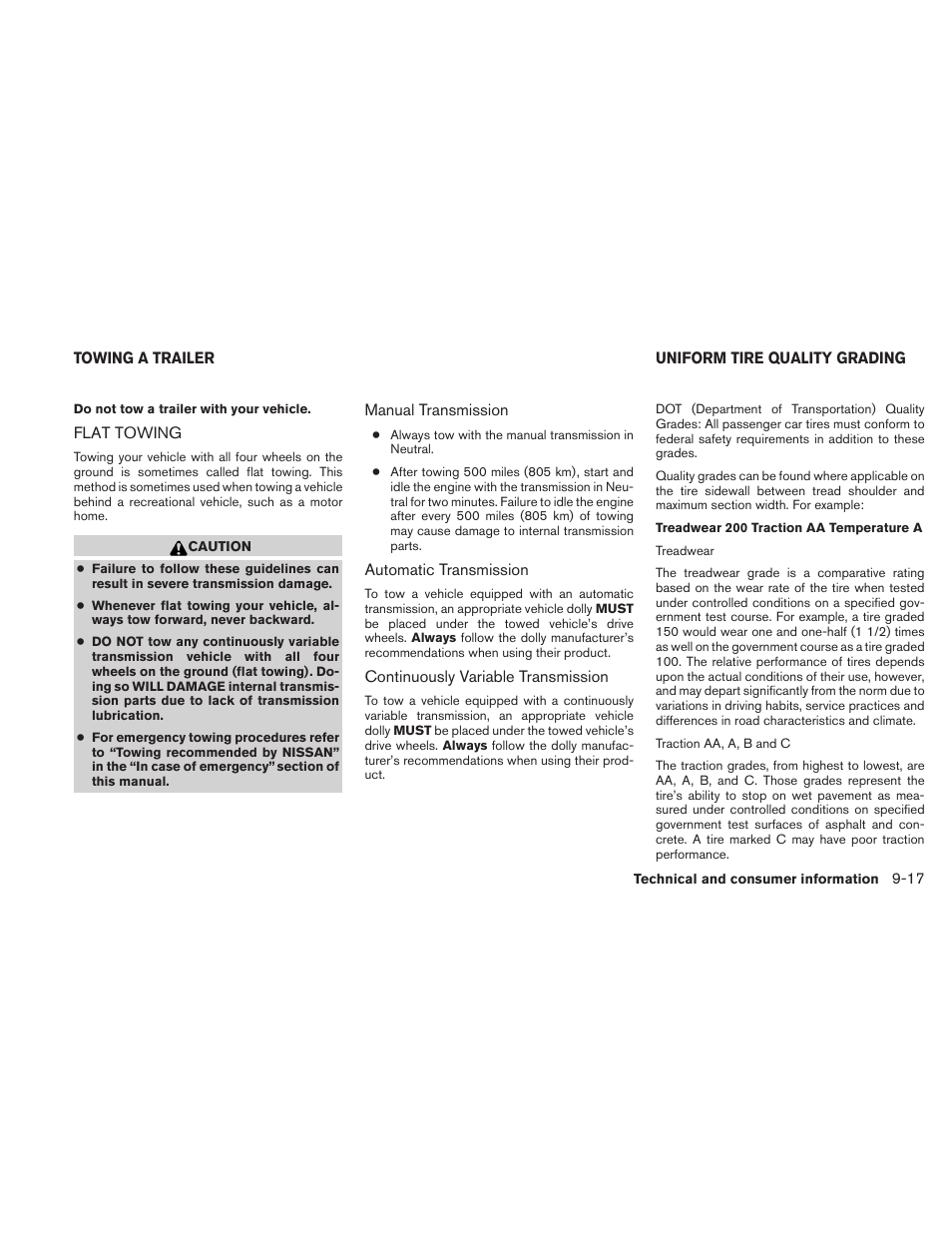 Towing a trailer -17, Flat towing -17, Uniform tire quality grading -17 | NISSAN 2010 Versa Hatchback - Owner's Manual User Manual | Page 324 / 338
