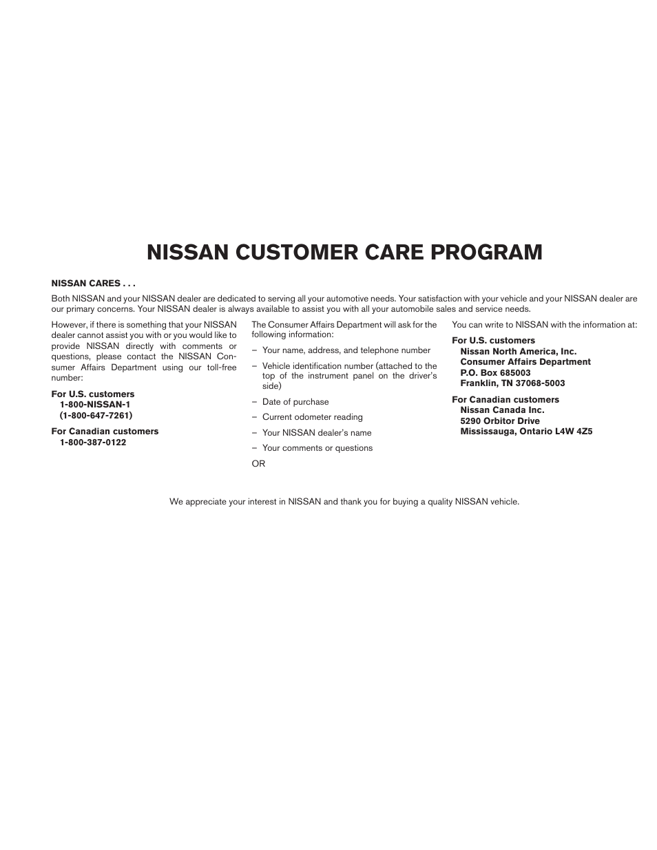 Nissan customer care program | NISSAN 2010 Versa Hatchback - Owner's Manual User Manual | Page 5 / 338