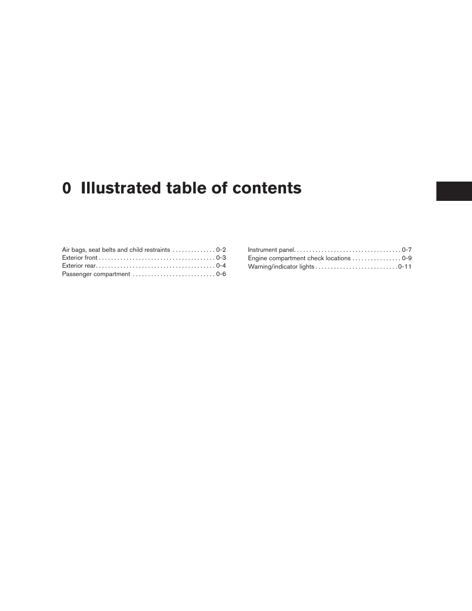 Illustrated table of contents, 0 illustrated table of contents | NISSAN 2010 Versa Hatchback - Owner's Manual User Manual | Page 8 / 338
