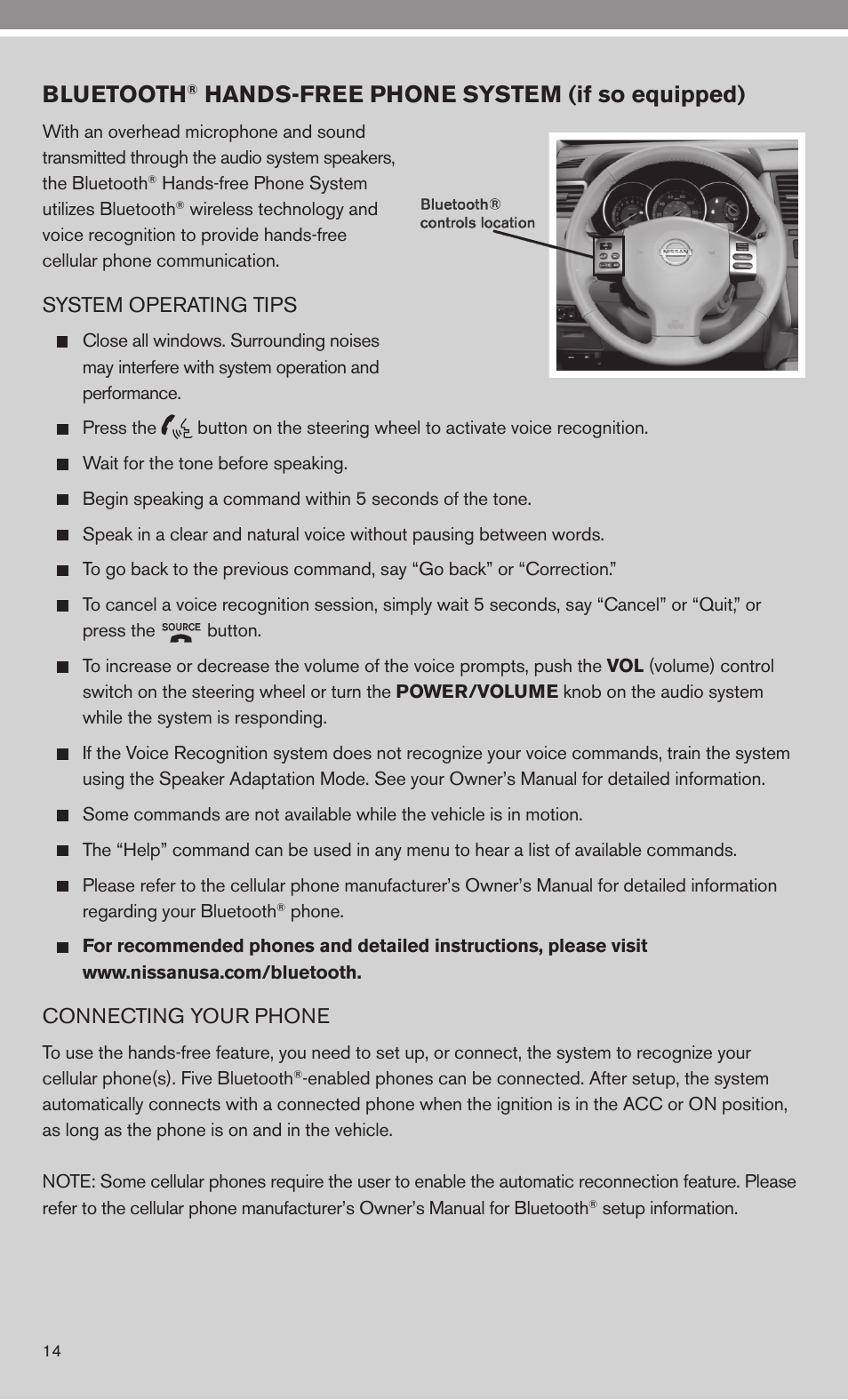 Bluetooth, Hands-free phone system (if so equipped) | NISSAN 2010 Versa Hatchback - Quick Reference Guide User Manual | Page 16 / 28
