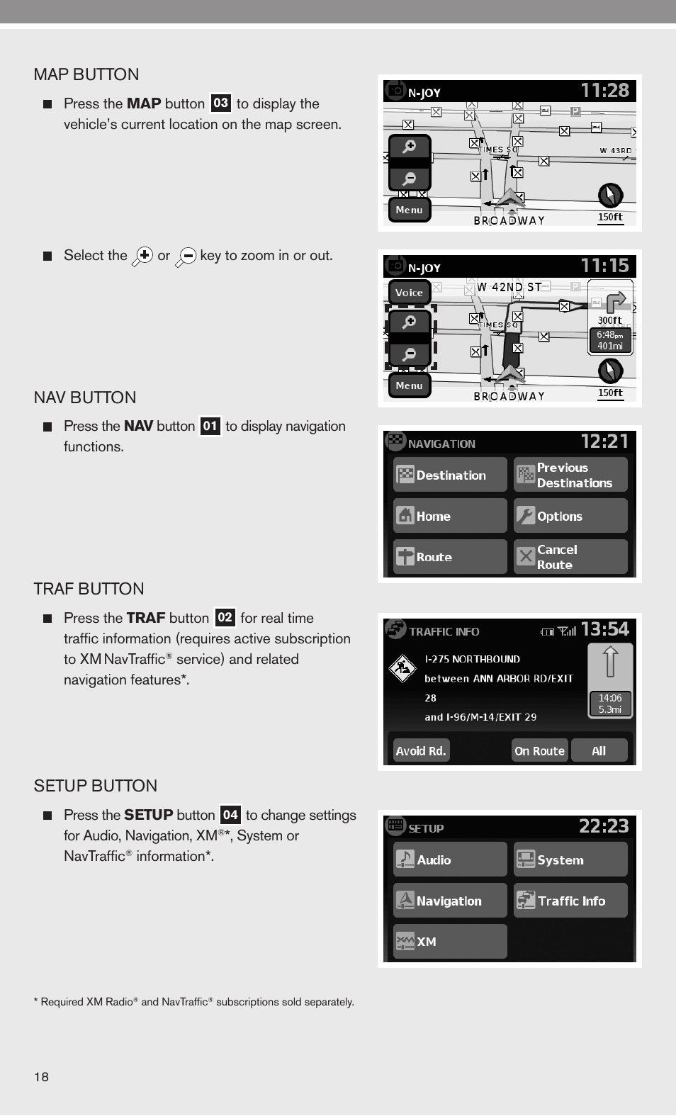 Map button, Nav button, Traf button | Setup button | NISSAN 2010 Versa Hatchback - Quick Reference Guide User Manual | Page 20 / 28
