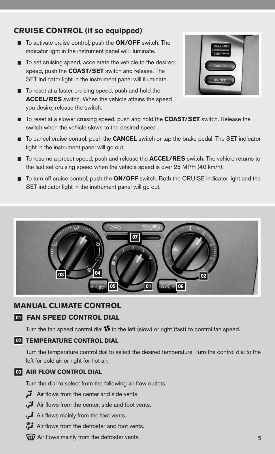Cruise control (if so equipped), Manual climate control | NISSAN 2010 Versa Hatchback - Quick Reference Guide User Manual | Page 7 / 28