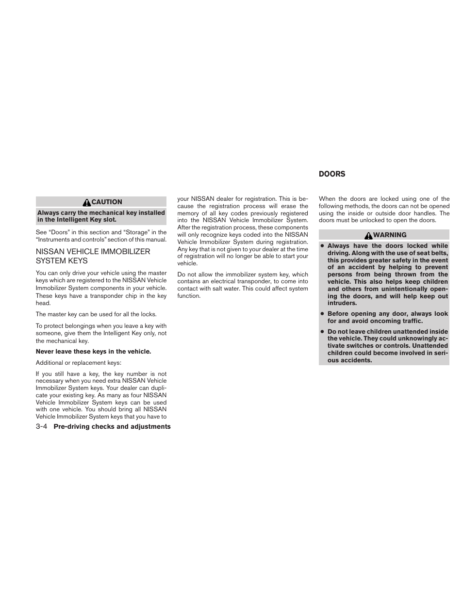 Nissan vehicle immobilizer system keys -4, Doors -4 | NISSAN 2011 Versa Hatchback - Owner's Manual User Manual | Page 119 / 350